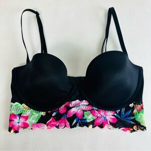 PINK Victoria's Secret Women's  Bustier Bra Black Tropical Lace  Multi Way 34C